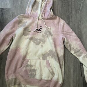 Hollister Pink and Cream Tie-Dye Hooded Sweater